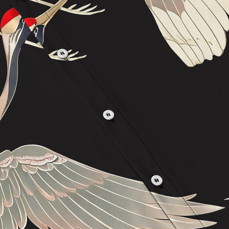 Nimara Ritual Flying Red-crowned Crane Pattern Buttons Wrinkle-resistant Men's Short Sleeve Shirt