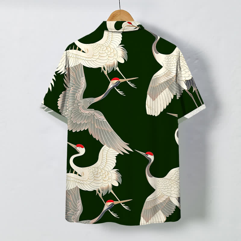 Nimara Ritual Flying Red-crowned Crane Pattern Buttons Wrinkle-resistant Men's Short Sleeve Shirt