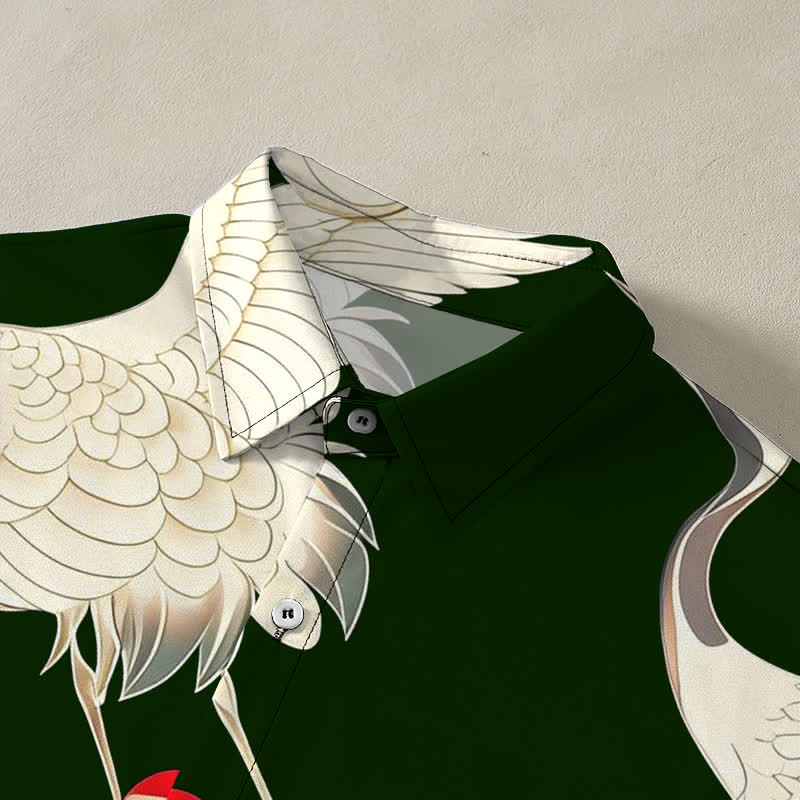 Nimara Ritual Flying Red-crowned Crane Pattern Buttons Wrinkle-resistant Men's Short Sleeve Shirt
