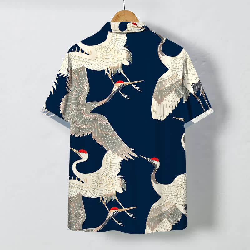 Nimara Ritual Flying Red-crowned Crane Pattern Buttons Wrinkle-resistant Men's Short Sleeve Shirt