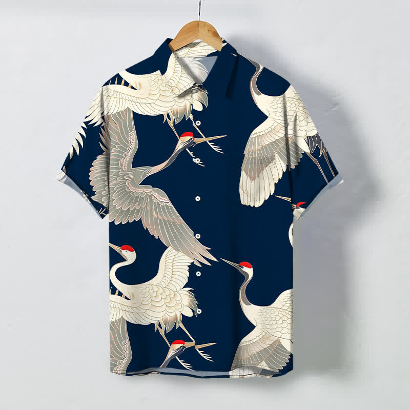 Nimara Ritual Flying Red-crowned Crane Pattern Buttons Wrinkle-resistant Men's Short Sleeve Shirt