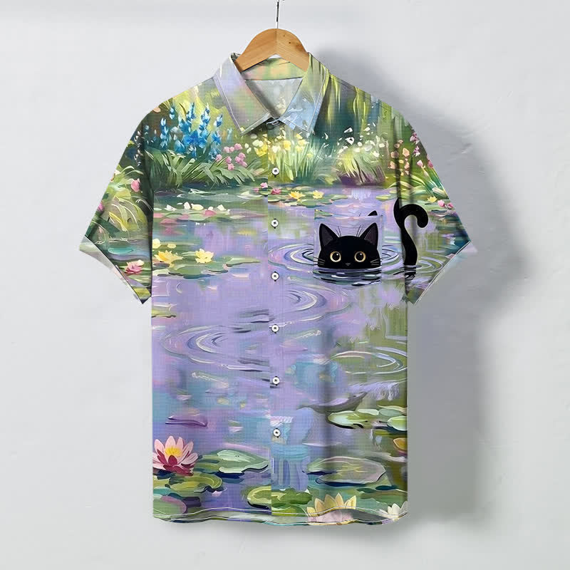 Nimara Ritual Water Lily Black Cat Pattern Buttons Breathable Men's Short Sleeve Shirt