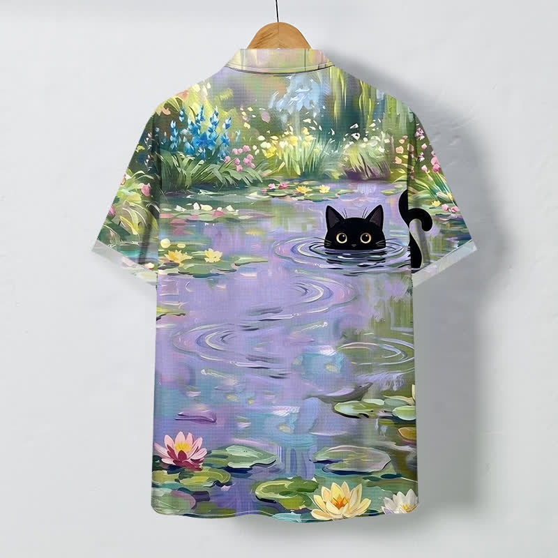 Nimara Ritual Water Lily Black Cat Pattern Buttons Breathable Men's Short Sleeve Shirt