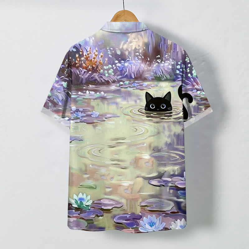 Nimara Ritual Water Lily Black Cat Pattern Buttons Breathable Men's Short Sleeve Shirt