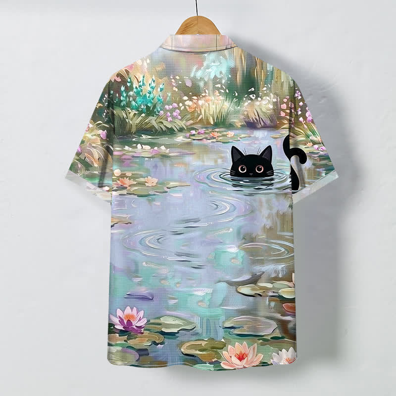 Nimara Ritual Water Lily Black Cat Pattern Buttons Breathable Men's Short Sleeve Shirt