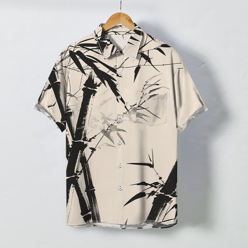 Nimara Ritual Ink Bamboo Pattern Buttons Wrinkle-resistant Men's Short Sleeve Shirt