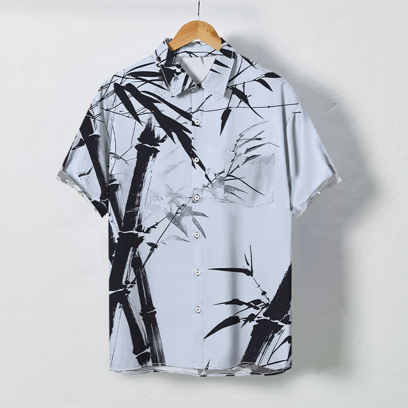 Nimara Ritual Ink Bamboo Pattern Buttons Wrinkle-resistant Men's Short Sleeve Shirt