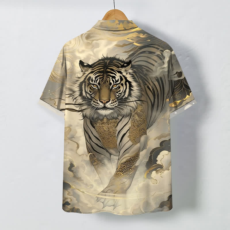 Nimara Ritual Tiger Cloud Wave Pattern Buttons Wrinkle-resistant Men's Short Sleeve Shirt