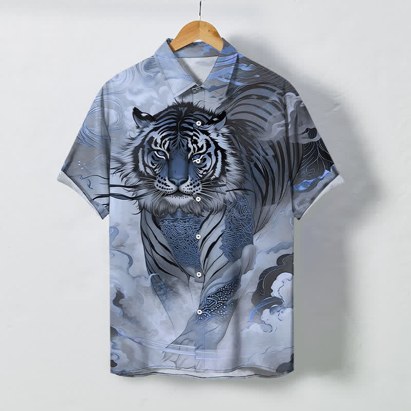 Nimara Ritual Tiger Cloud Wave Pattern Buttons Wrinkle-resistant Men's Short Sleeve Shirt