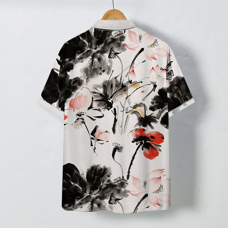 Nimara Ritual Ink Floral Blossom Pattern Buttons Breathable Men's Short Sleeve Shirt
