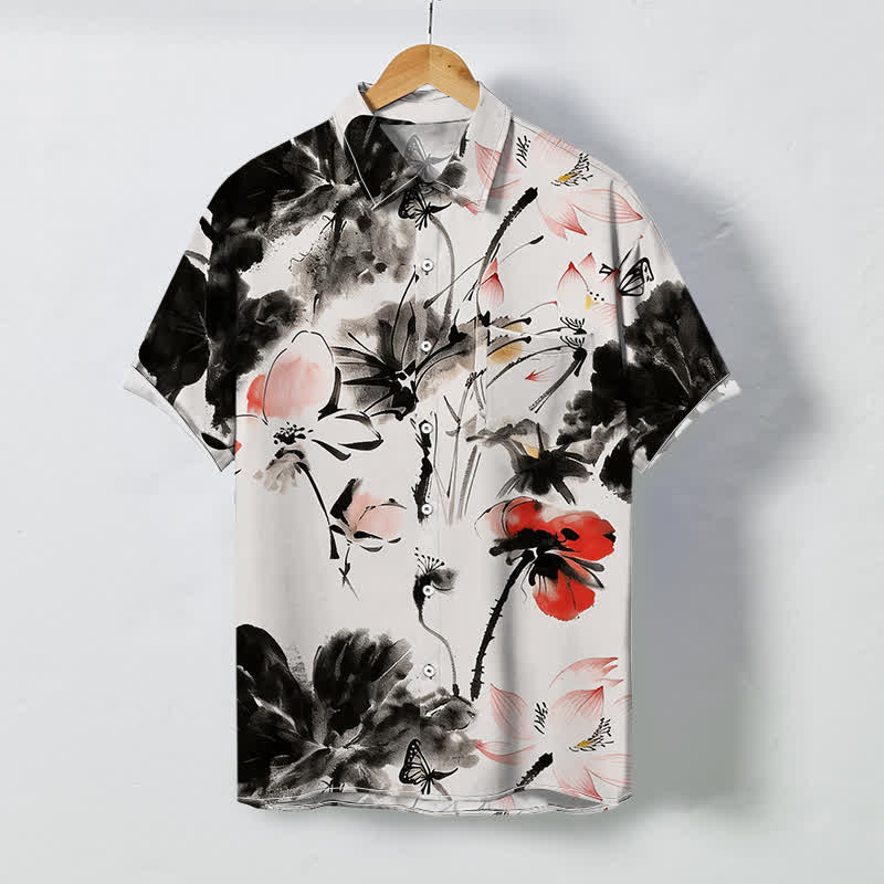 Nimara Ritual Ink Floral Blossom Pattern Buttons Breathable Men's Short Sleeve Shirt