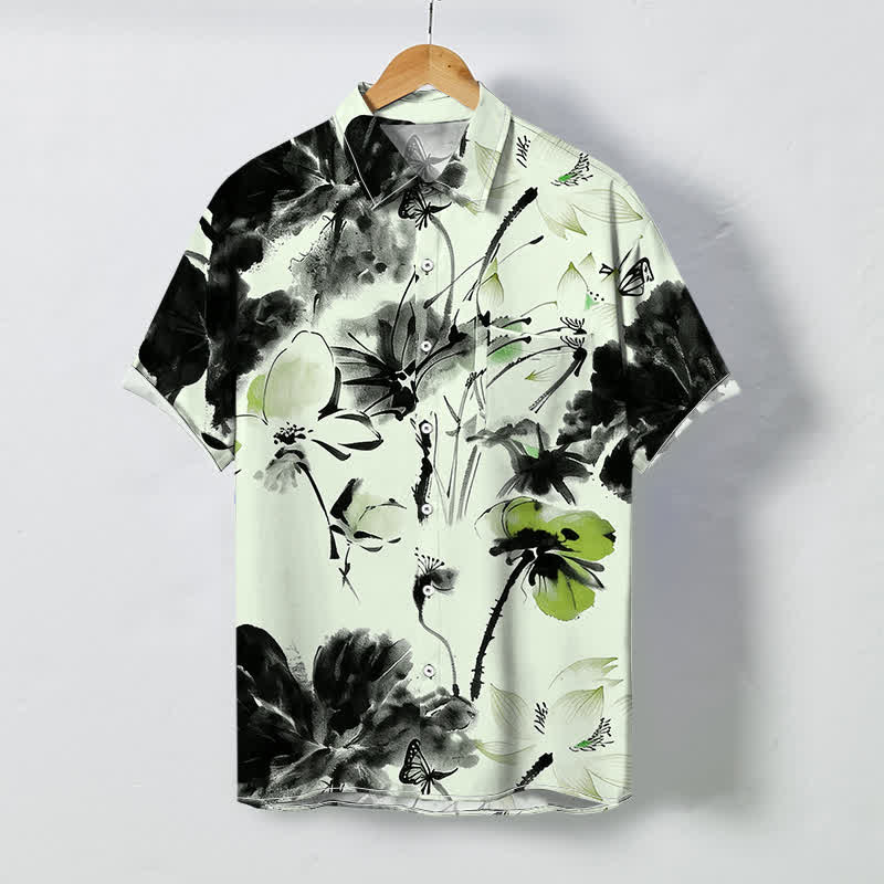 Nimara Ritual Ink Floral Blossom Pattern Buttons Breathable Men's Short Sleeve Shirt