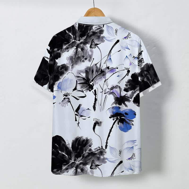 Nimara Ritual Ink Floral Blossom Pattern Buttons Breathable Men's Short Sleeve Shirt