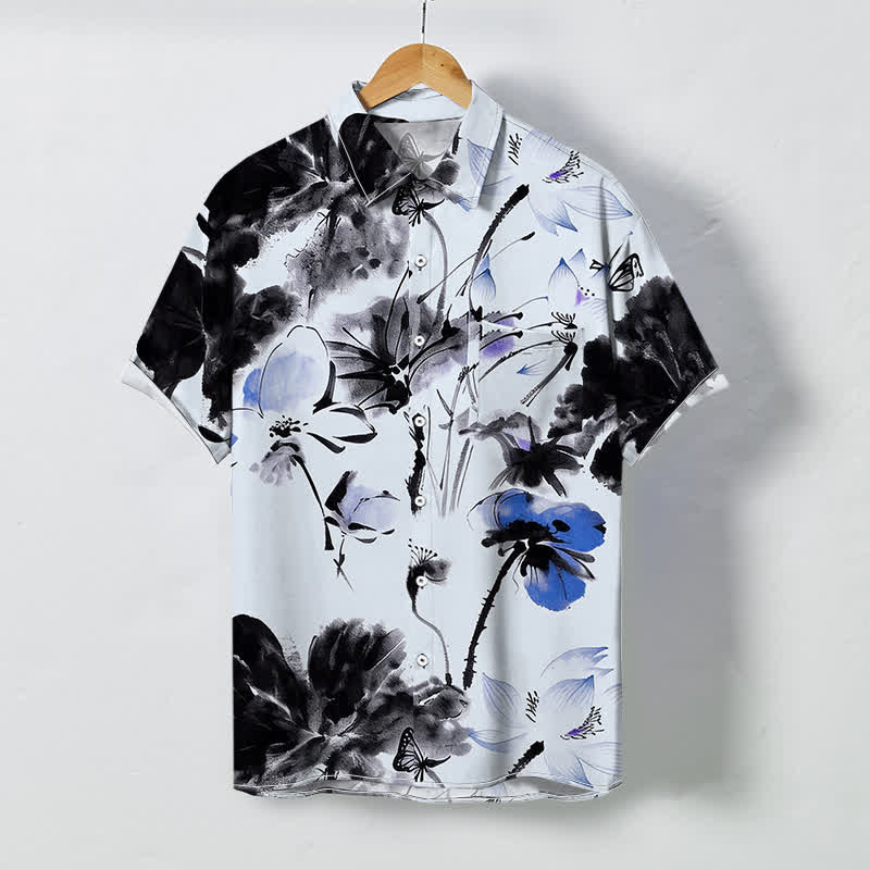 Nimara Ritual Ink Floral Blossom Pattern Buttons Breathable Men's Short Sleeve Shirt