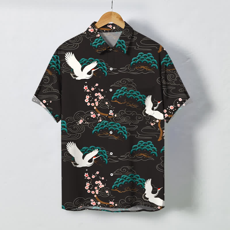 Nimara Ritual Crane Pine Blossom Cloud Pattern Buttons Breathable Men's Short Sleeve Shirt