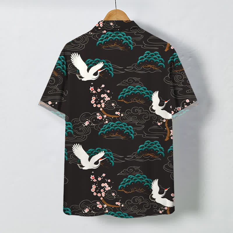 Nimara Ritual Crane Pine Blossom Cloud Pattern Buttons Breathable Men's Short Sleeve Shirt