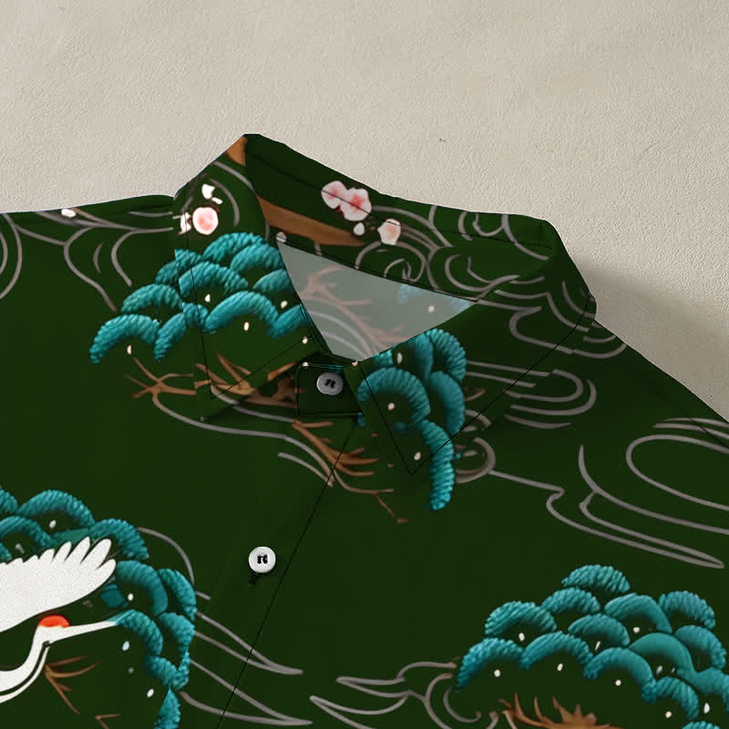 Nimara Ritual Crane Pine Blossom Cloud Pattern Buttons Breathable Men's Short Sleeve Shirt
