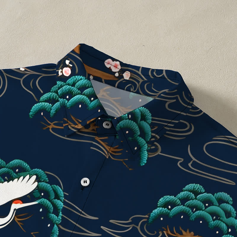 Nimara Ritual Crane Pine Blossom Cloud Pattern Buttons Breathable Men's Short Sleeve Shirt