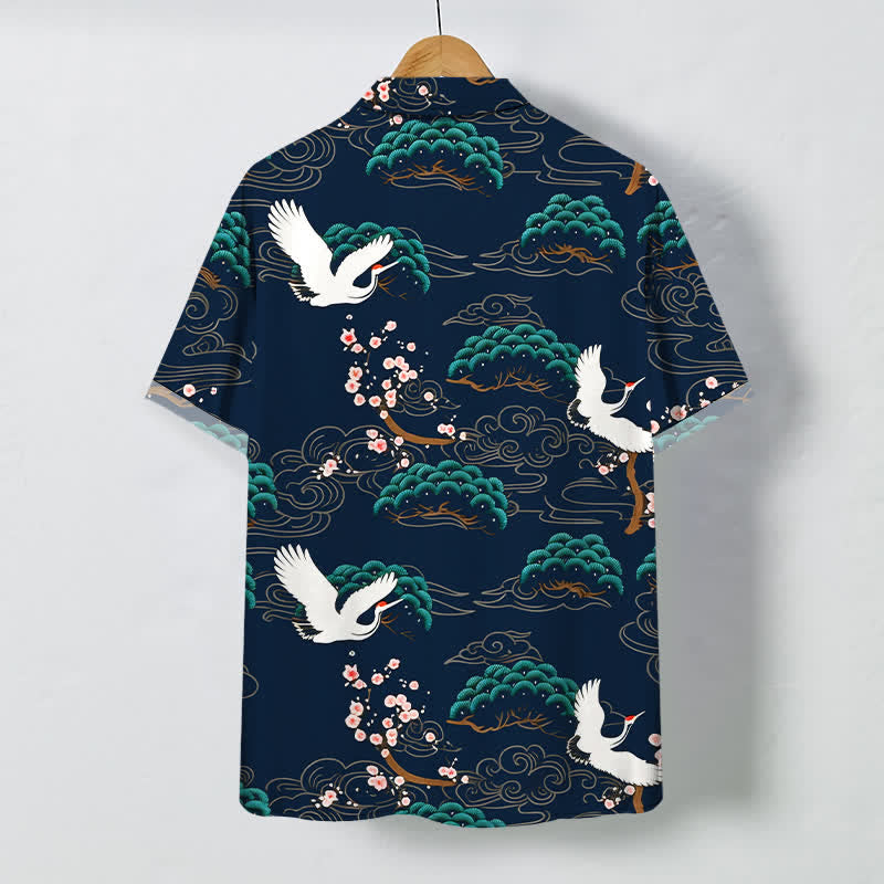Nimara Ritual Crane Pine Blossom Cloud Pattern Buttons Breathable Men's Short Sleeve Shirt