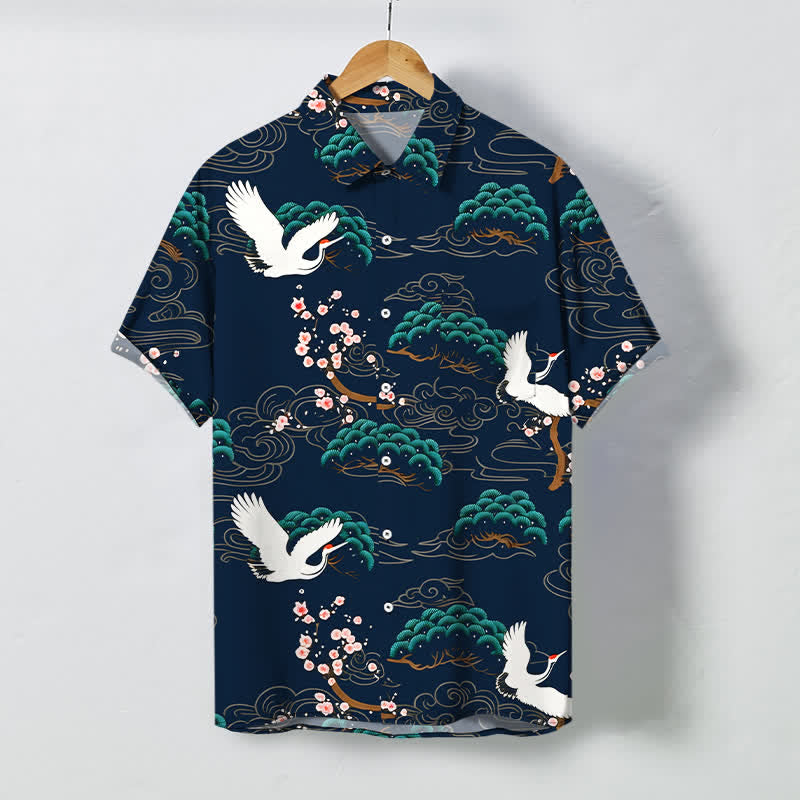 Nimara Ritual Crane Pine Blossom Cloud Pattern Buttons Breathable Men's Short Sleeve Shirt