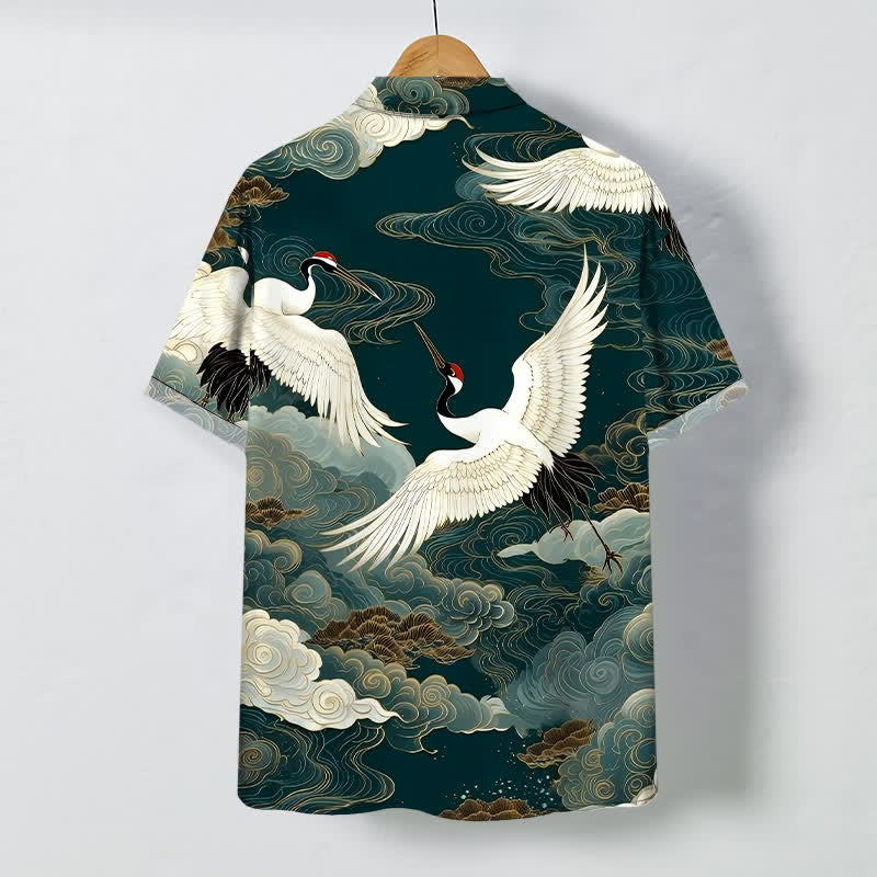 Nimara Ritual Flying Red-crowned Crane Auspicious Clouds Pattern Buttons Wrinkle-resistant Men's Short Sleeve Shirt
