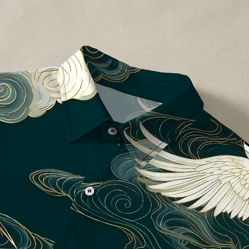 Nimara Ritual Flying Red-crowned Crane Auspicious Clouds Pattern Buttons Wrinkle-resistant Men's Short Sleeve Shirt
