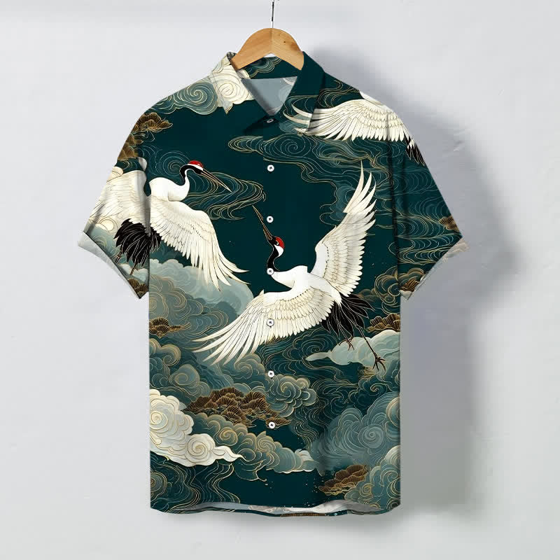 Nimara Ritual Flying Red-crowned Crane Auspicious Clouds Pattern Buttons Wrinkle-resistant Men's Short Sleeve Shirt