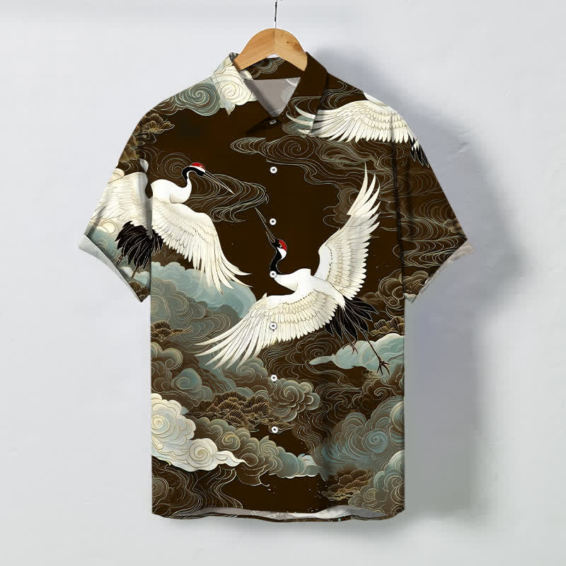 Nimara Ritual Flying Red-crowned Crane Auspicious Clouds Pattern Buttons Wrinkle-resistant Men's Short Sleeve Shirt