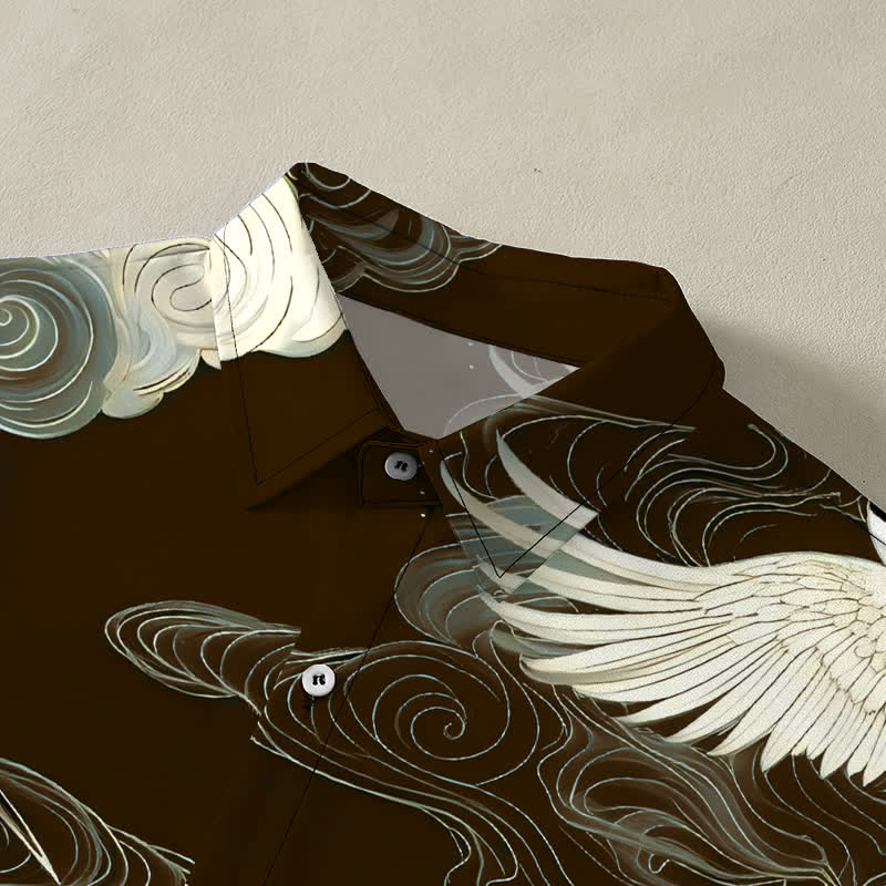 Nimara Ritual Flying Red-crowned Crane Auspicious Clouds Pattern Buttons Wrinkle-resistant Men's Short Sleeve Shirt