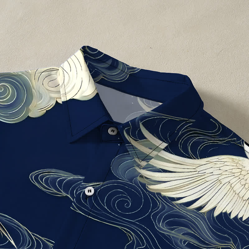 Nimara Ritual Flying Red-crowned Crane Auspicious Clouds Pattern Buttons Wrinkle-resistant Men's Short Sleeve Shirt