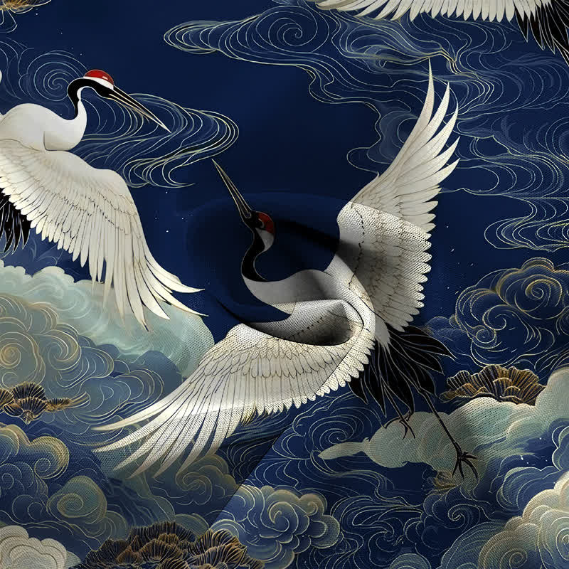 Nimara Ritual Flying Red-crowned Crane Auspicious Clouds Pattern Buttons Wrinkle-resistant Men's Short Sleeve Shirt