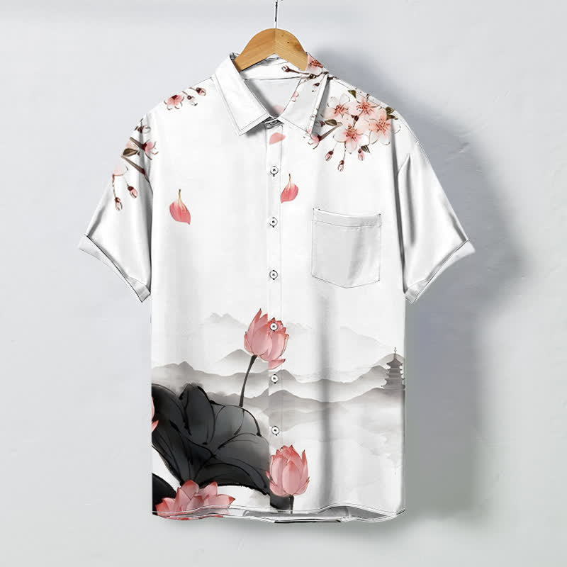 Nimara Ritual Lotus Mountain Pagoda Pattern Buttons Wrinkle-resistant Men's Short Sleeve Shirt