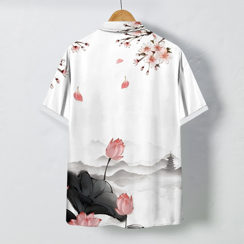 Nimara Ritual Lotus Mountain Pagoda Pattern Buttons Wrinkle-resistant Men's Short Sleeve Shirt