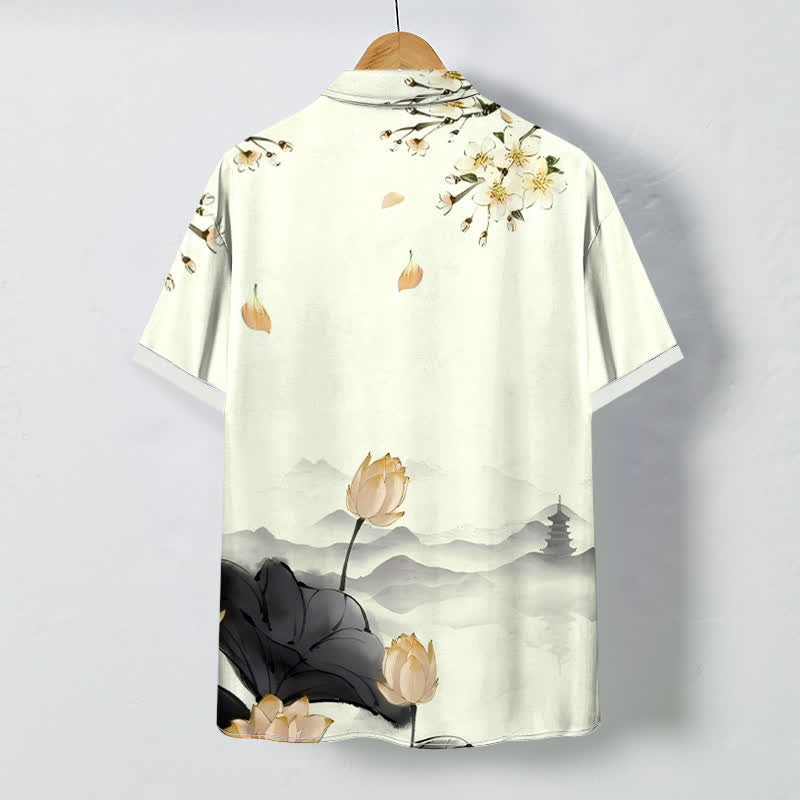 Nimara Ritual Lotus Mountain Pagoda Pattern Buttons Wrinkle-resistant Men's Short Sleeve Shirt