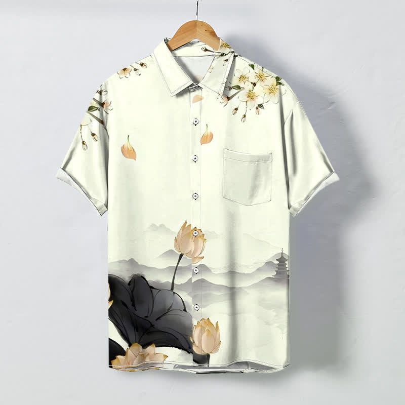 Nimara Ritual Lotus Mountain Pagoda Pattern Buttons Wrinkle-resistant Men's Short Sleeve Shirt