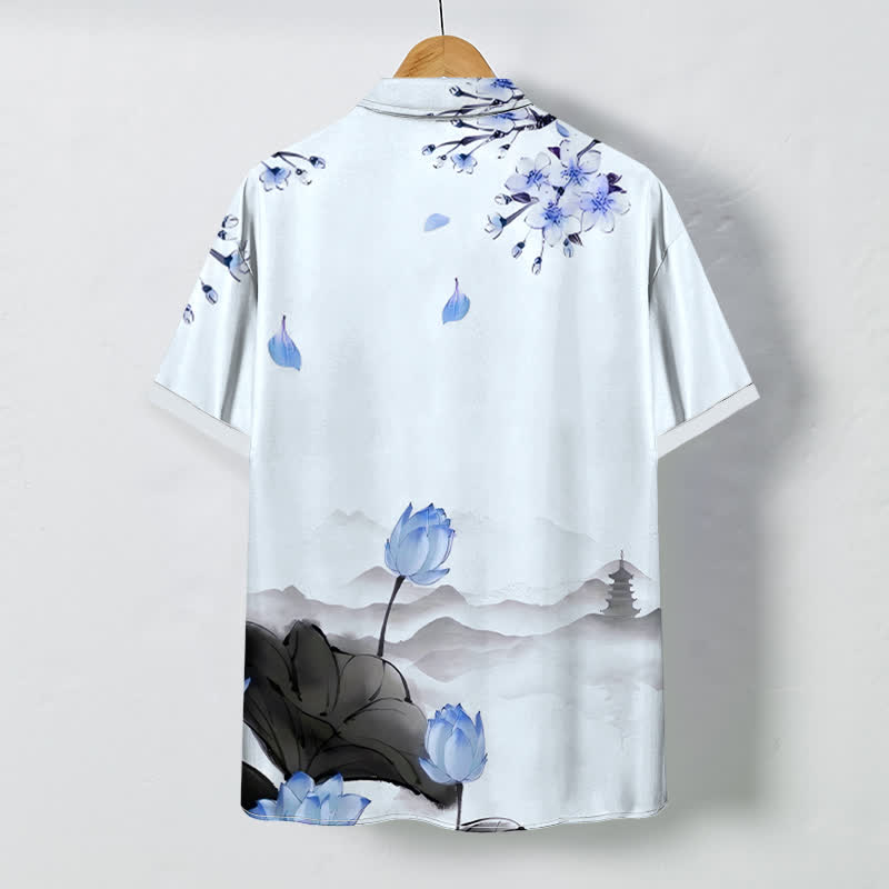 Nimara Ritual Lotus Mountain Pagoda Pattern Buttons Wrinkle-resistant Men's Short Sleeve Shirt