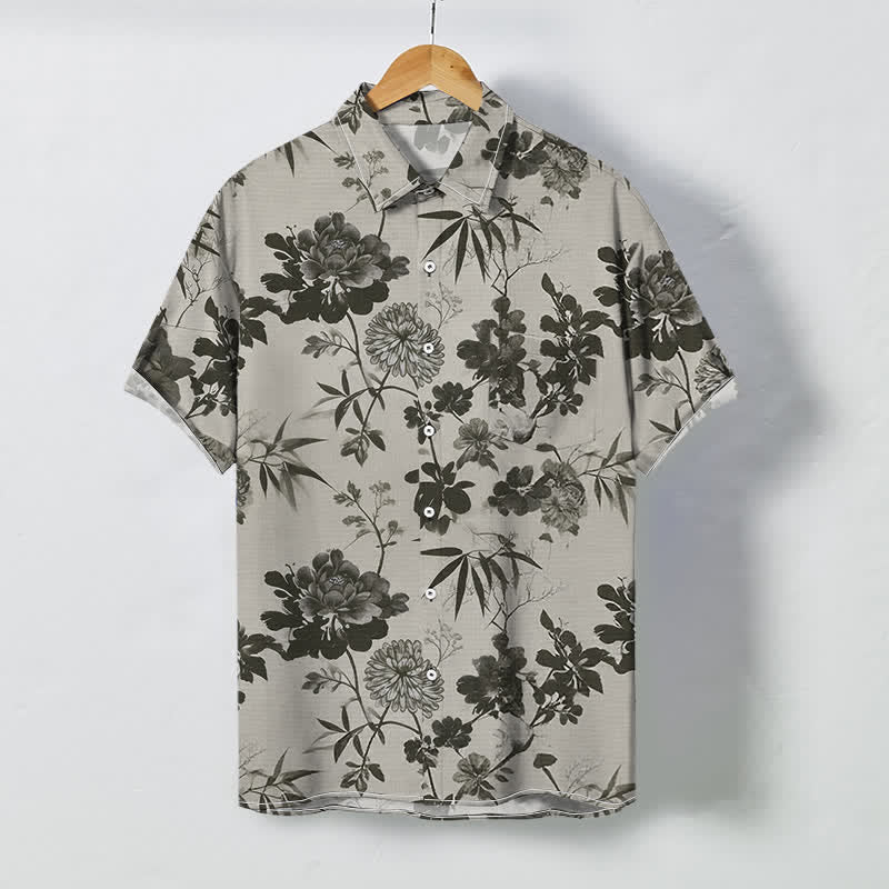 Nimara Ritual Dark Floral Bamboo Leaf Pattern Buttons Breathable Men's Short Sleeve Shirt