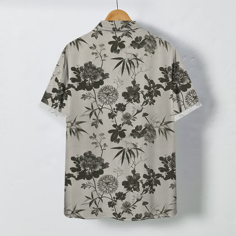 Nimara Ritual Dark Floral Bamboo Leaf Pattern Buttons Breathable Men's Short Sleeve Shirt