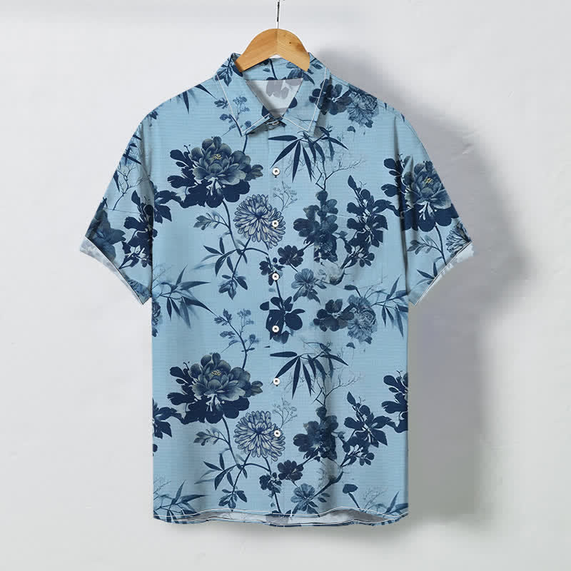Nimara Ritual Dark Floral Bamboo Leaf Pattern Buttons Breathable Men's Short Sleeve Shirt