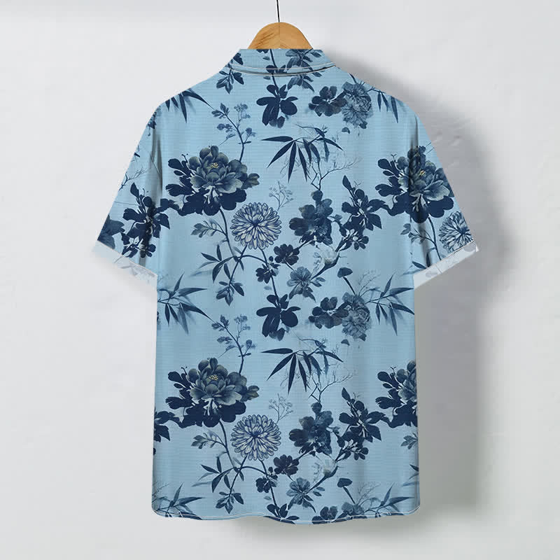 Nimara Ritual Dark Floral Bamboo Leaf Pattern Buttons Breathable Men's Short Sleeve Shirt