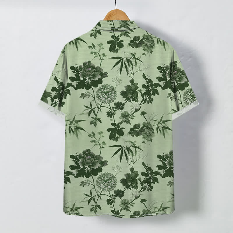 Nimara Ritual Dark Floral Bamboo Leaf Pattern Buttons Breathable Men's Short Sleeve Shirt