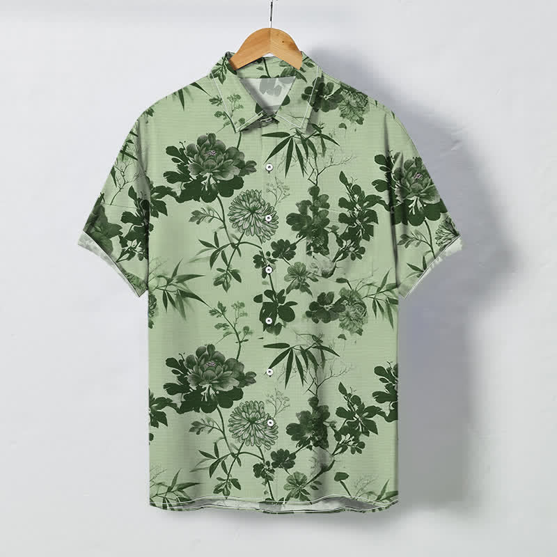 Nimara Ritual Dark Floral Bamboo Leaf Pattern Buttons Breathable Men's Short Sleeve Shirt