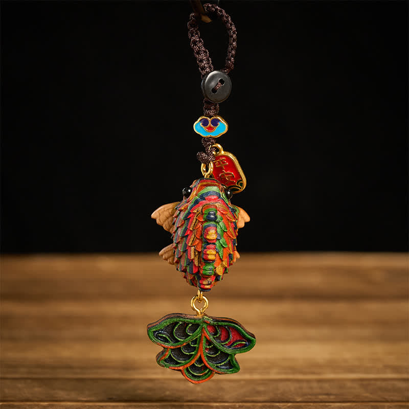Nimara Ritual Hand-carved Rainbow Eucalyptus Colorful Koi Fish Wealth Charm Keychains