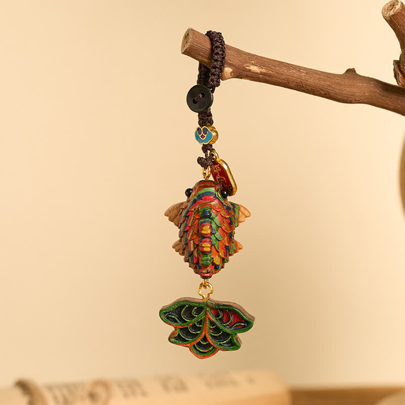 Nimara Ritual Hand-carved Rainbow Eucalyptus Colorful Koi Fish Wealth Charm Keychains