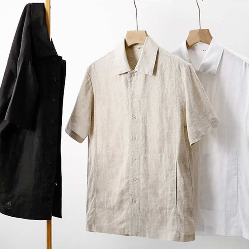 Nimara Ritual Summer Minimalist Button-Up Solid Cotton Linen Men's Short Sleeve Shirts With Pocket