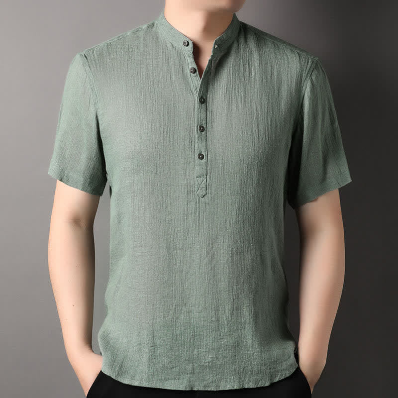 Nimara Ritual Summer Casual Tang Style Mandarin Collar Solid Linen Men's Short Sleeve Shirts