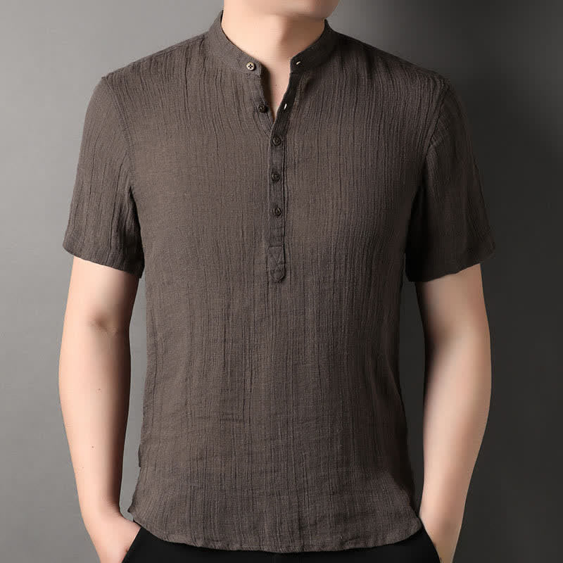Nimara Ritual Summer Casual Tang Style Mandarin Collar Solid Linen Men's Short Sleeve Shirts