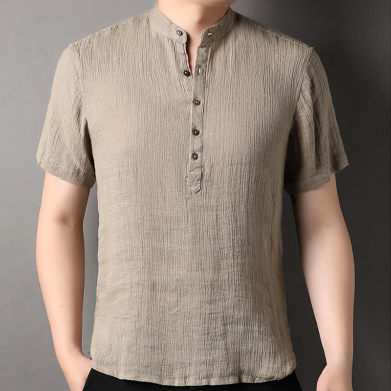 Nimara Ritual Summer Casual Tang Style Mandarin Collar Solid Linen Men's Short Sleeve Shirts