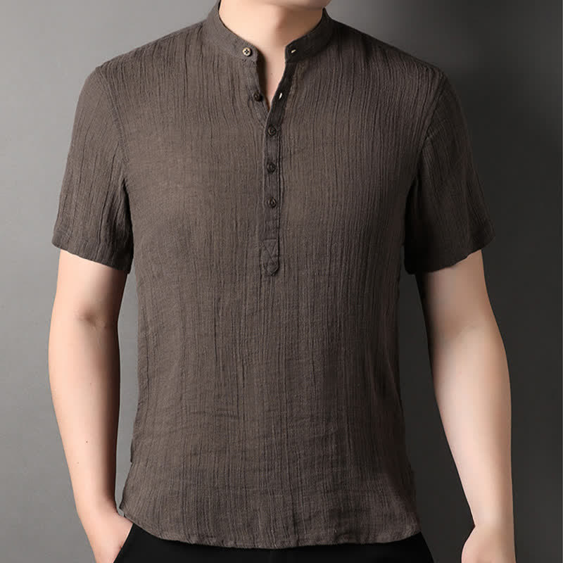 Nimara Ritual Summer Casual Tang Style Mandarin Collar Solid Linen Men's Short Sleeve Shirts