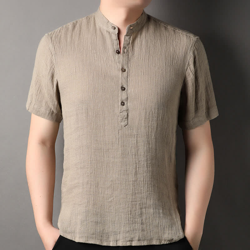 Nimara Ritual Summer Casual Tang Style Mandarin Collar Solid Linen Men's Short Sleeve Shirts